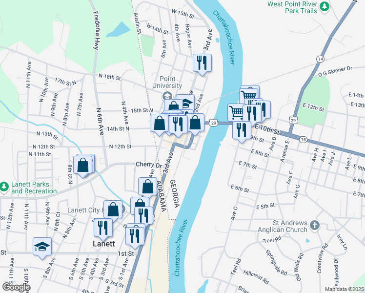 map of restaurants, bars, coffee shops, grocery stores, and more near West 7th Street in West Point