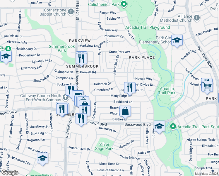 map of restaurants, bars, coffee shops, grocery stores, and more near 4665 Greenfern Lane in Fort Worth