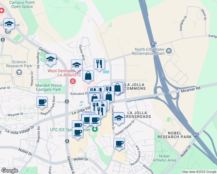 map of restaurants, bars, coffee shops, grocery stores, and more near 9290 Towne Centre Drive in San Diego