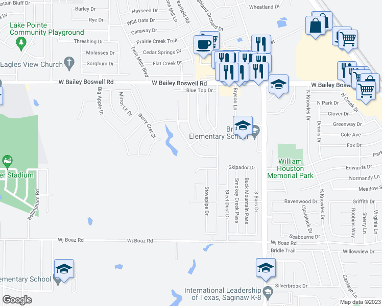 map of restaurants, bars, coffee shops, grocery stores, and more near 8449 Shallow Creek Drive in Fort Worth