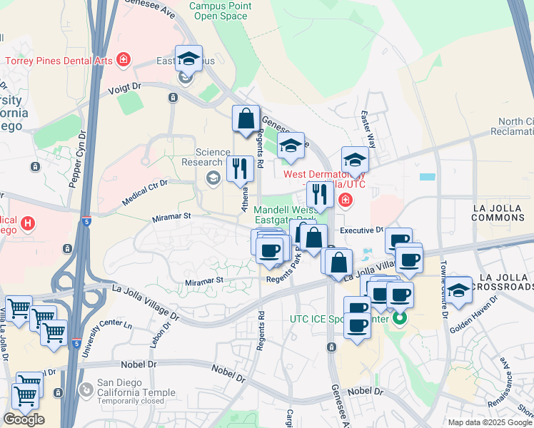 map of restaurants, bars, coffee shops, grocery stores, and more near 9341 Regents Road in San Diego