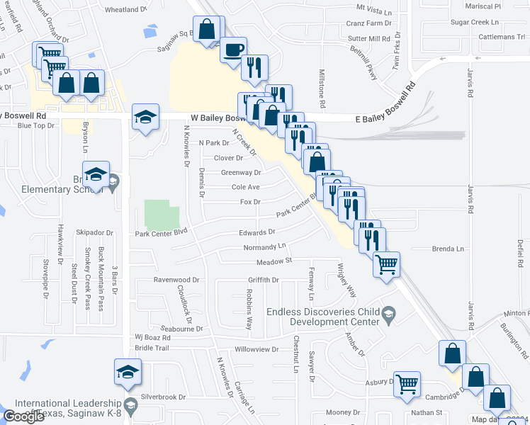 map of restaurants, bars, coffee shops, grocery stores, and more near 448 Park Center Boulevard in Saginaw