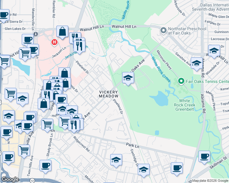map of restaurants, bars, coffee shops, grocery stores, and more near 7474 Fair Oaks Avenue in Dallas