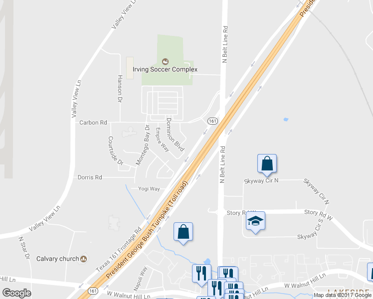 map of restaurants, bars, coffee shops, grocery stores, and more near 6 Dominion Boulevard in Irving