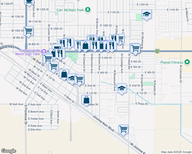 map of restaurants, bars, coffee shops, grocery stores, and more near 217 North Brown Avenue in Casa Grande