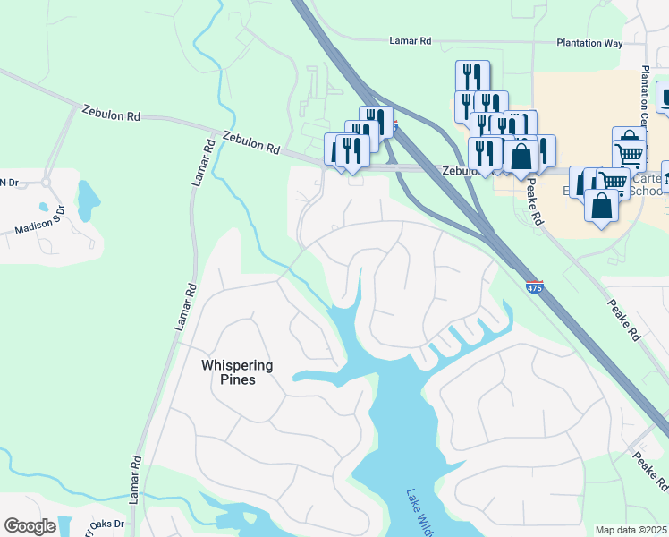 map of restaurants, bars, coffee shops, grocery stores, and more near 1157 Sandy Beach Drive in Macon