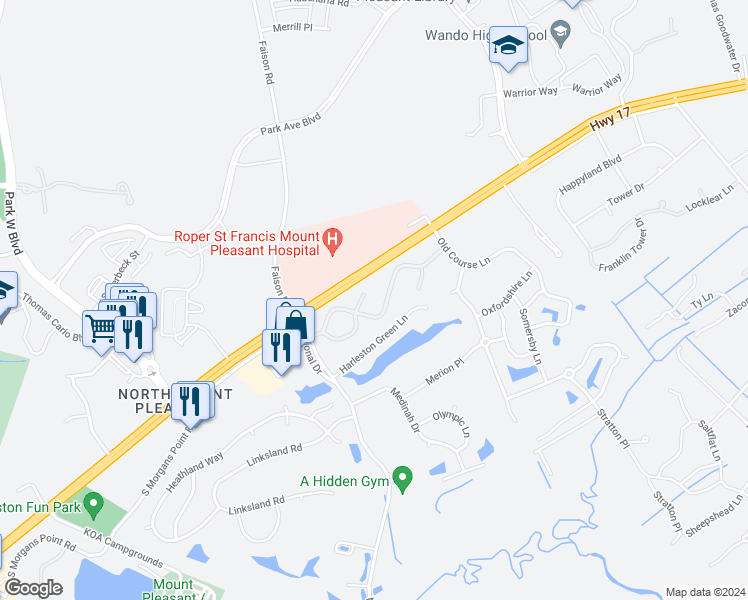 map of restaurants, bars, coffee shops, grocery stores, and more near 827 Legends Club Drive in Mount Pleasant