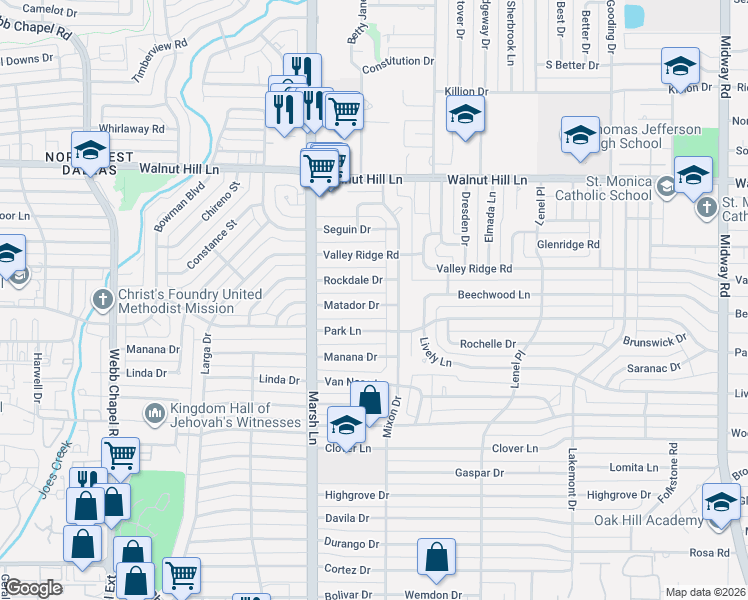 map of restaurants, bars, coffee shops, grocery stores, and more near 3762 Matador Drive in Dallas