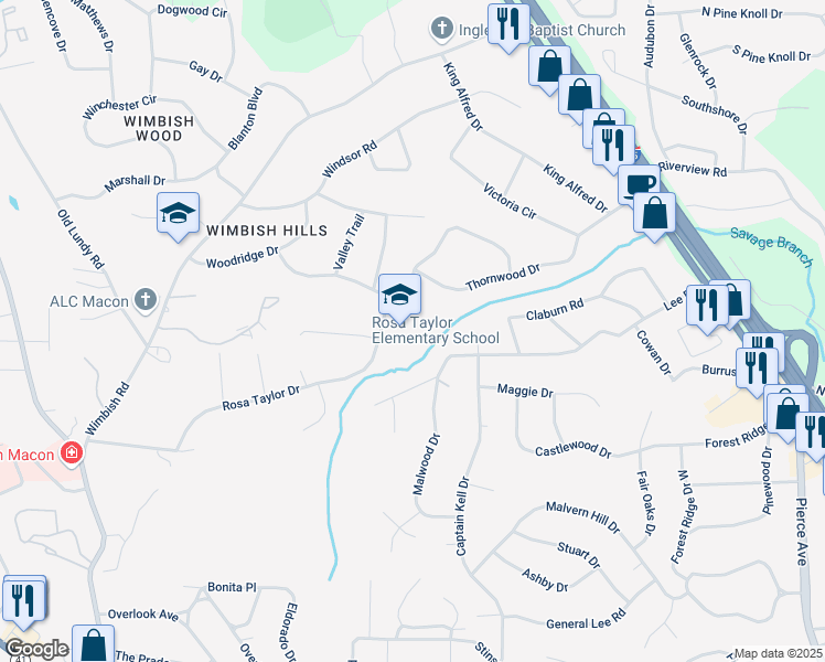 map of restaurants, bars, coffee shops, grocery stores, and more near 2976 Crestline Drive in Macon