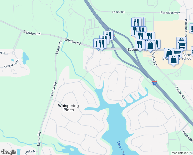 map of restaurants, bars, coffee shops, grocery stores, and more near 1157 Sandy Beach Drive in Macon