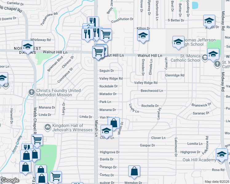 map of restaurants, bars, coffee shops, grocery stores, and more near 3762 Matador Drive in Dallas