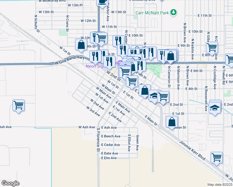 map of restaurants, bars, coffee shops, grocery stores, and more near 114 West Main Street in Casa Grande