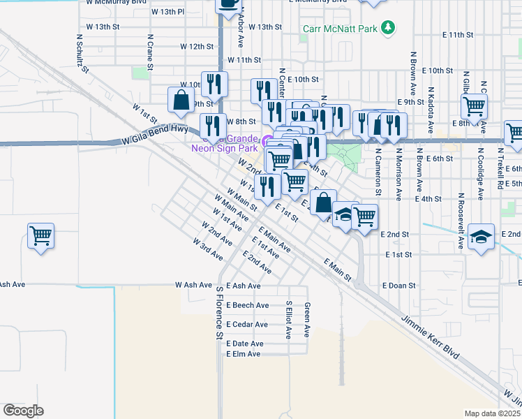 map of restaurants, bars, coffee shops, grocery stores, and more near 114 West Main Street in Casa Grande
