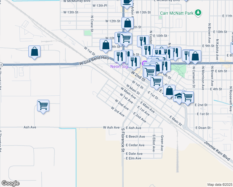 map of restaurants, bars, coffee shops, grocery stores, and more near 319 West 2nd Avenue in Casa Grande