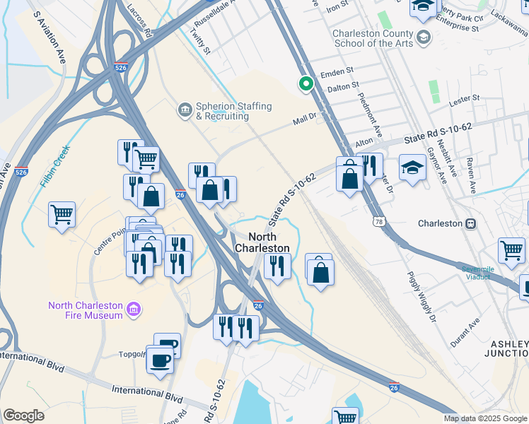 map of restaurants, bars, coffee shops, grocery stores, and more near 2403 Mall Drive in North Charleston