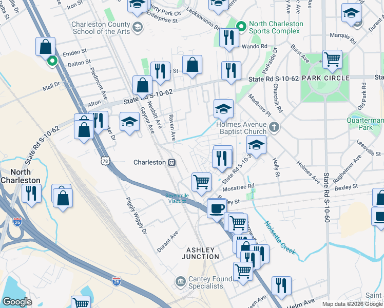 map of restaurants, bars, coffee shops, grocery stores, and more near 1770 Hock Avenue in North Charleston