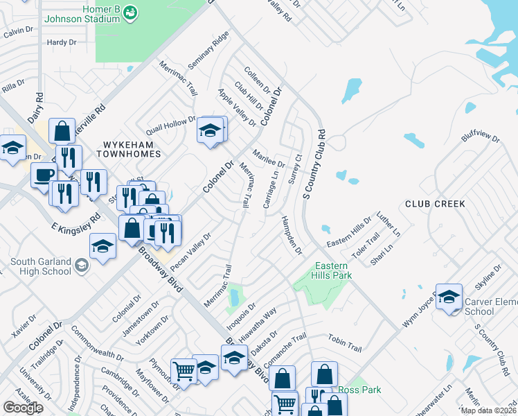 map of restaurants, bars, coffee shops, grocery stores, and more near 1510 Merrimac Trail in Garland