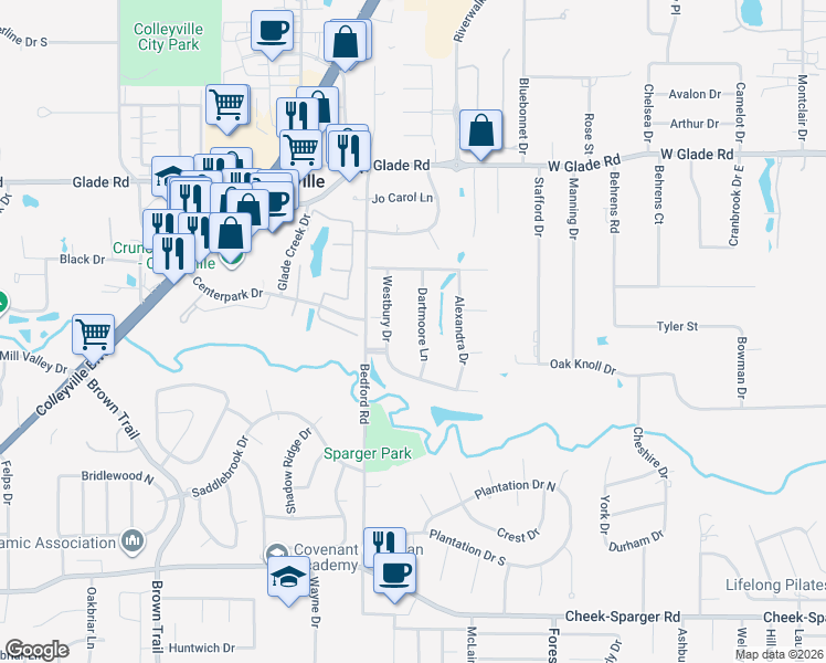 map of restaurants, bars, coffee shops, grocery stores, and more near 1104 Somerset Boulevard in Colleyville