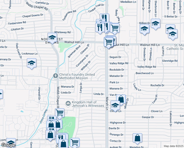 map of restaurants, bars, coffee shops, grocery stores, and more near 3609 Matador Drive in Dallas