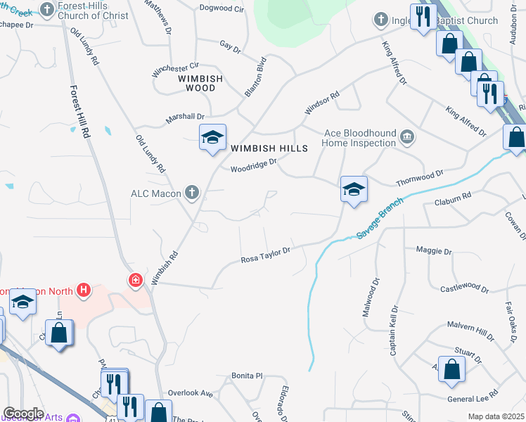 map of restaurants, bars, coffee shops, grocery stores, and more near 835 Willow Creek Drive in Macon