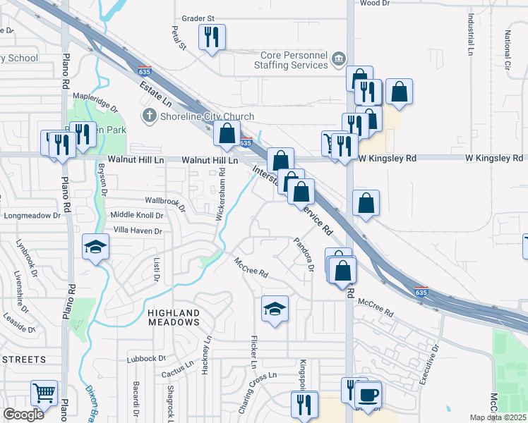 map of restaurants, bars, coffee shops, grocery stores, and more near 11330 Amanda Lane in Dallas
