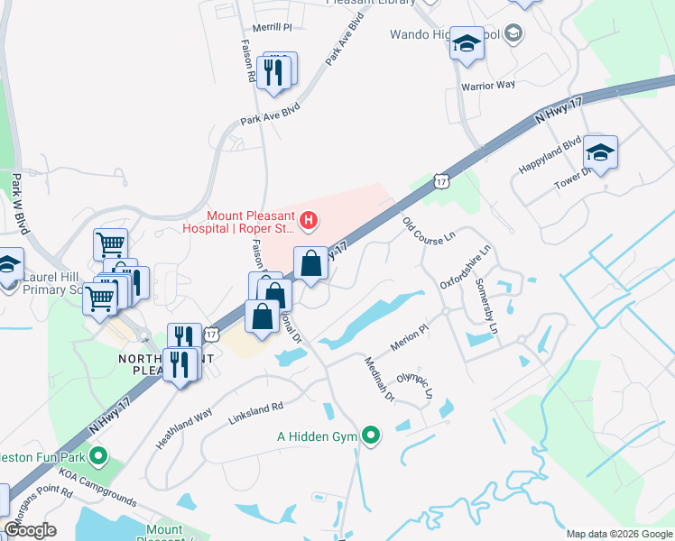 map of restaurants, bars, coffee shops, grocery stores, and more near 312 Legends Club Drive in Mount Pleasant