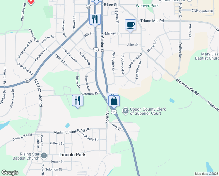 map of restaurants, bars, coffee shops, grocery stores, and more near 754 South Church Street in Thomaston