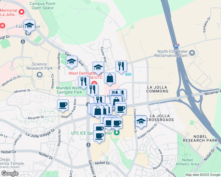 map of restaurants, bars, coffee shops, grocery stores, and more near Executive Drive in San Diego