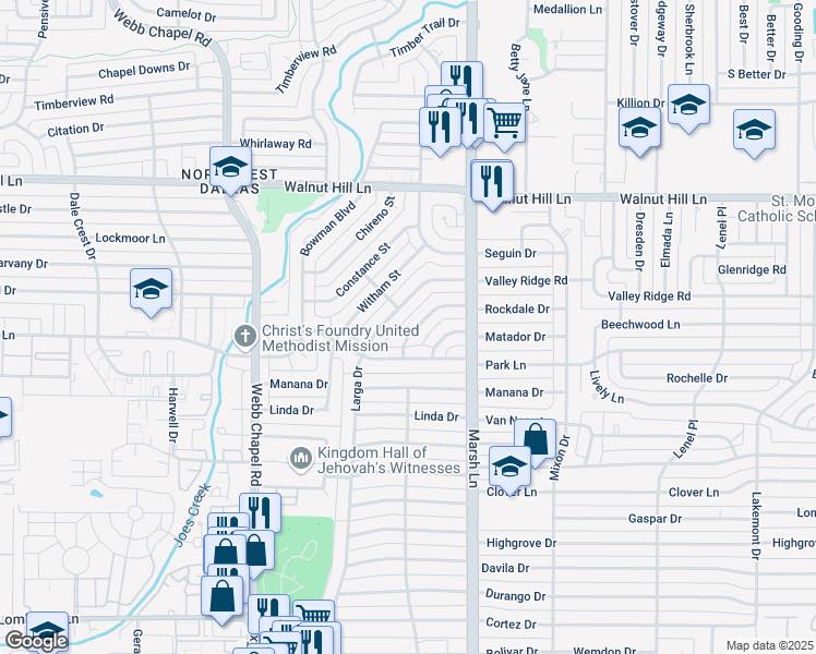 map of restaurants, bars, coffee shops, grocery stores, and more near 3609 Matador Drive in Dallas