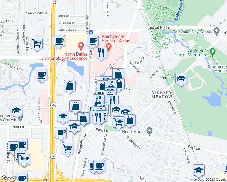 map of restaurants, bars, coffee shops, grocery stores, and more near 7118 Greenville Avenue in Dallas