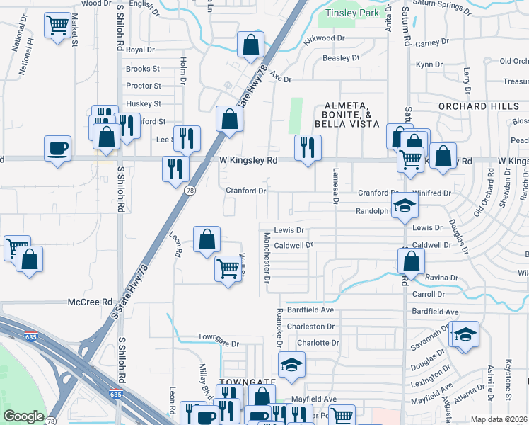 map of restaurants, bars, coffee shops, grocery stores, and more near 1845 Lewis Drive in Garland