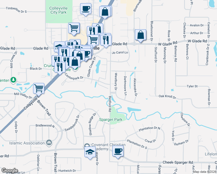 map of restaurants, bars, coffee shops, grocery stores, and more near 1029 Lakeridge Court in Colleyville