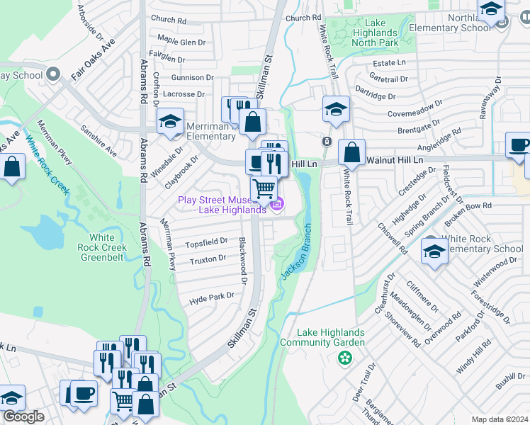 map of restaurants, bars, coffee shops, grocery stores, and more near 7110 Skillman Street in Dallas