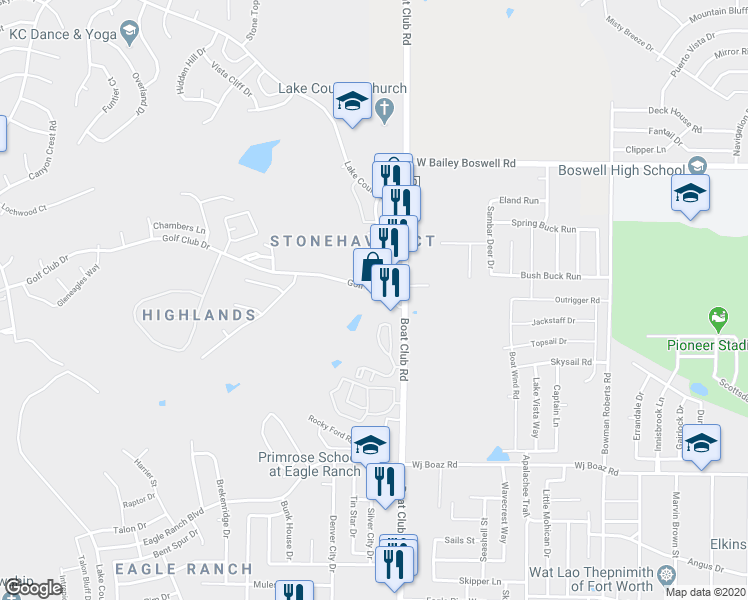 map of restaurants, bars, coffee shops, grocery stores, and more near 7105 Golf Club Drive in Fort Worth