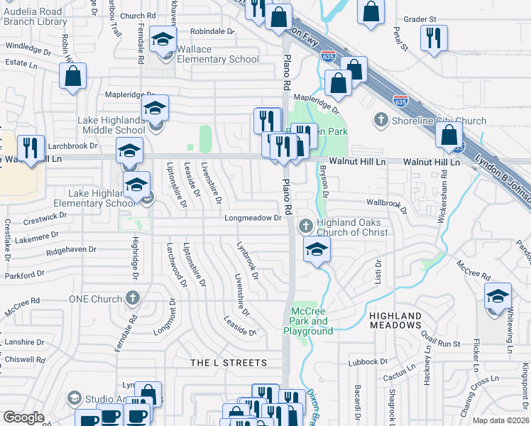 map of restaurants, bars, coffee shops, grocery stores, and more near 10630 Longmeadow Drive in Dallas