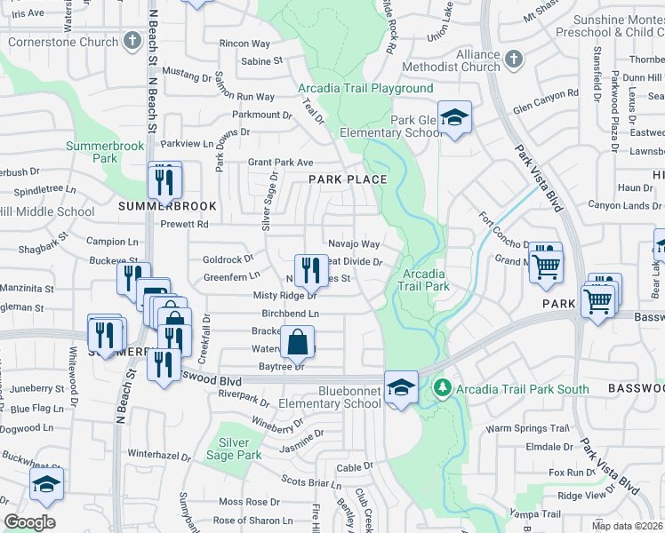 map of restaurants, bars, coffee shops, grocery stores, and more near 4752 North Cascades Street in Fort Worth