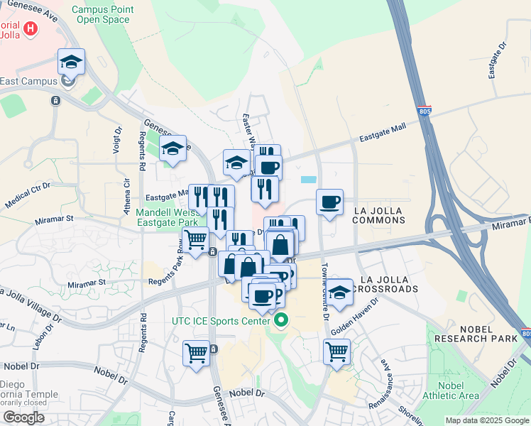 map of restaurants, bars, coffee shops, grocery stores, and more near 4510 Executive Drive in San Diego