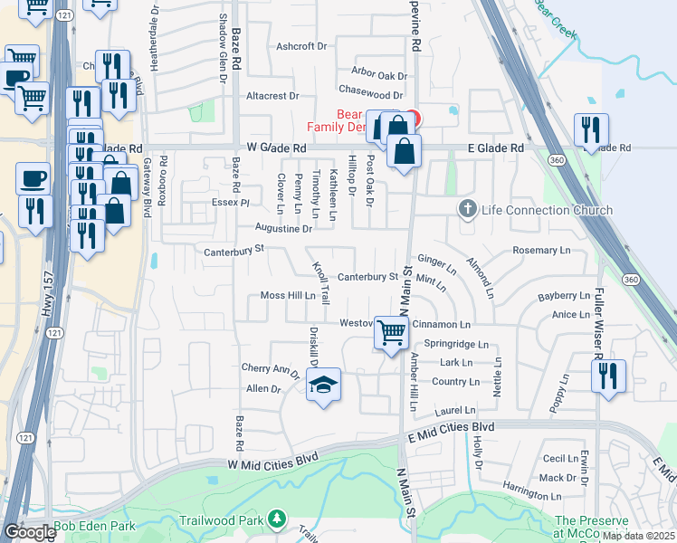 map of restaurants, bars, coffee shops, grocery stores, and more near 2613 Jenny Lane in Euless