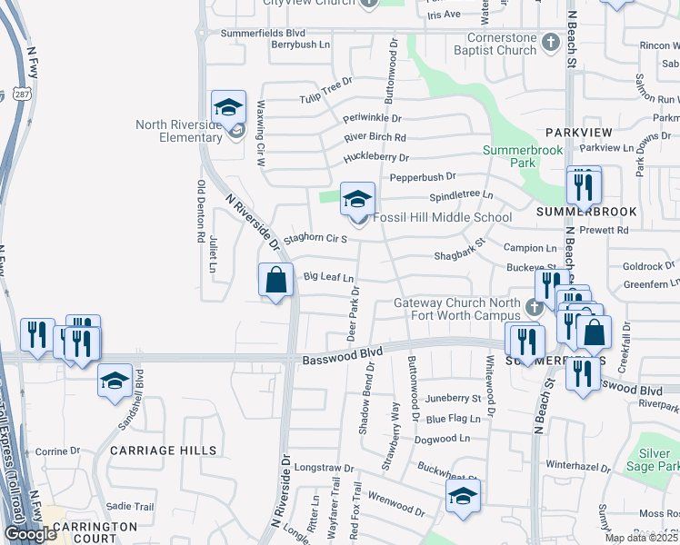 map of restaurants, bars, coffee shops, grocery stores, and more near 3813 Big Leaf Lane in Fort Worth