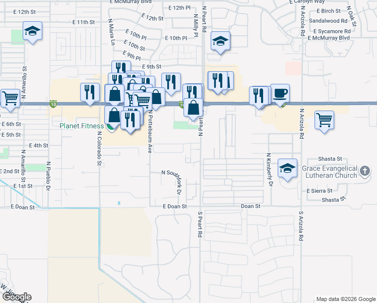 map of restaurants, bars, coffee shops, grocery stores, and more near 351 North Peart Road in Casa Grande