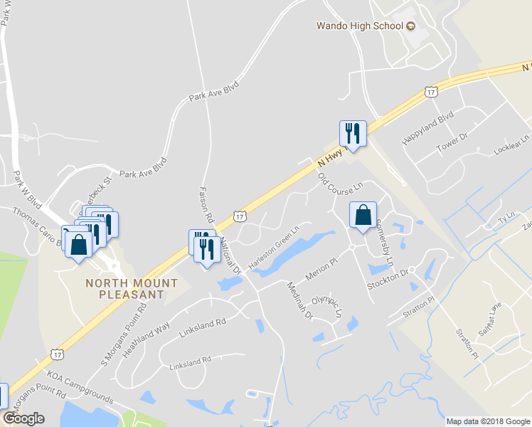 map of restaurants, bars, coffee shops, grocery stores, and more near 326 Legends Club Drive in Mount Pleasant