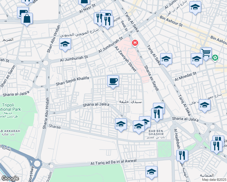 map of restaurants, bars, coffee shops, grocery stores, and more near Sharia al-Jala'a in Tripoli