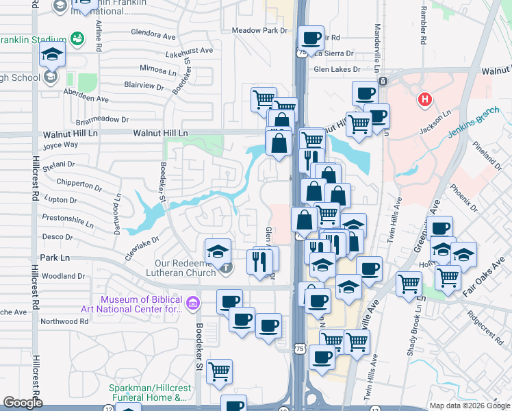 map of restaurants, bars, coffee shops, grocery stores, and more near 7 Glenkirk Court in Dallas
