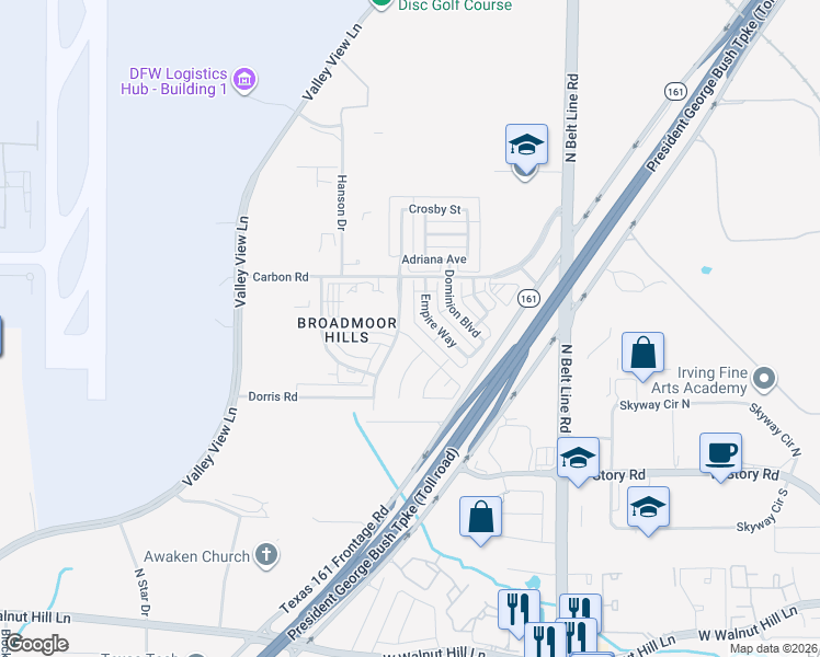 map of restaurants, bars, coffee shops, grocery stores, and more near 4901 Longwood Court in Irving