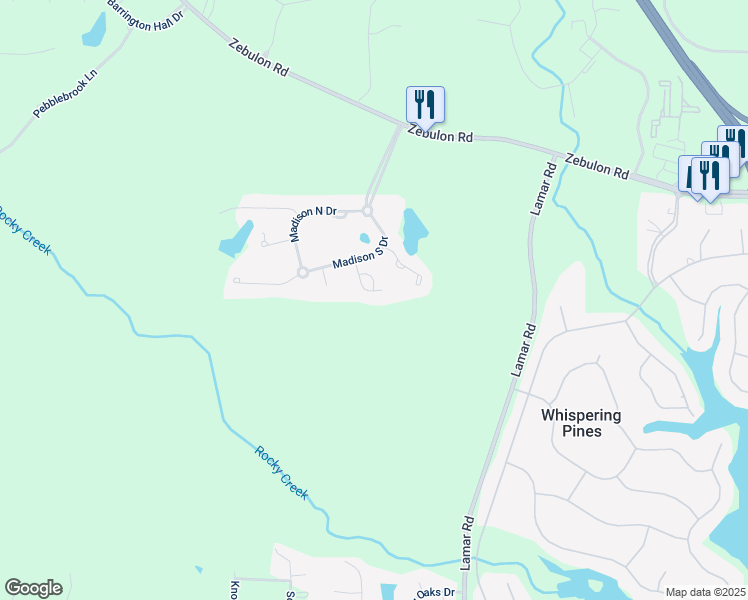 map of restaurants, bars, coffee shops, grocery stores, and more near 437 Leamington Lane in Macon
