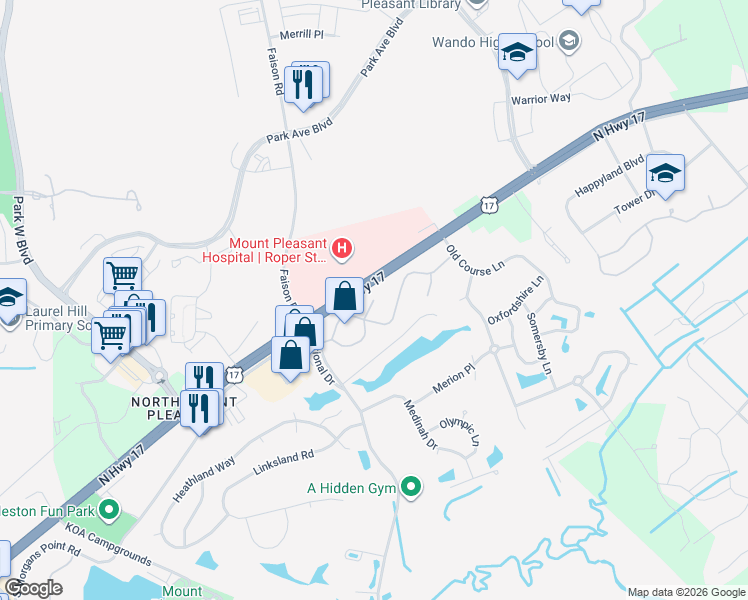map of restaurants, bars, coffee shops, grocery stores, and more near Legends Club Drive in Mount Pleasant