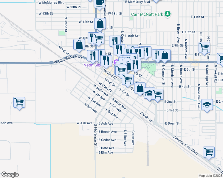 map of restaurants, bars, coffee shops, grocery stores, and more near 112 West 1st Street in Eloy