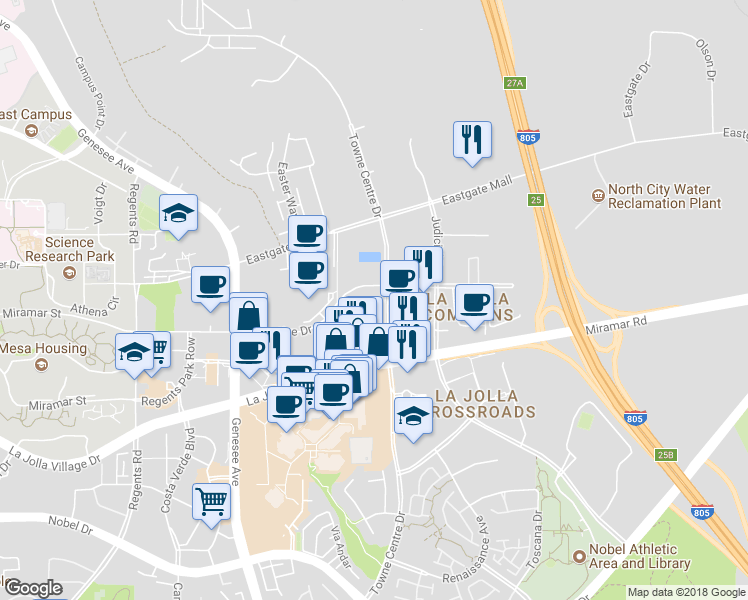 map of restaurants, bars, coffee shops, grocery stores, and more near 9290 Towne Centre Drive in San Diego