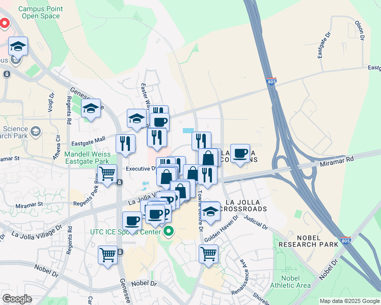 map of restaurants, bars, coffee shops, grocery stores, and more near 4639 Executive Drive in San Diego
