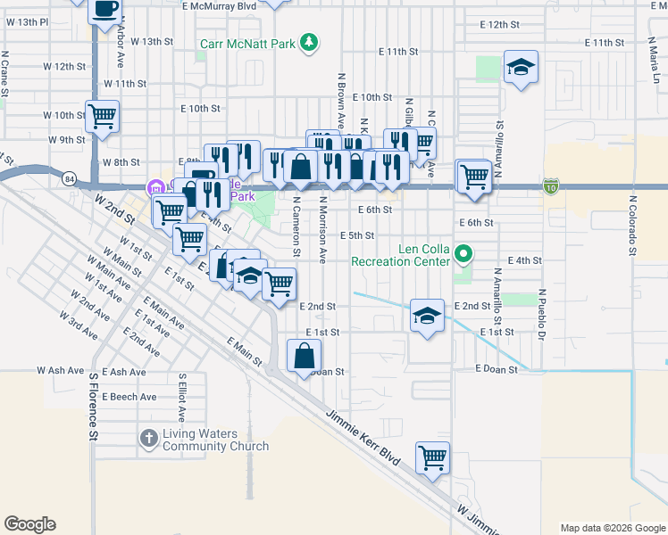 map of restaurants, bars, coffee shops, grocery stores, and more near 409 North Brown Avenue in Casa Grande